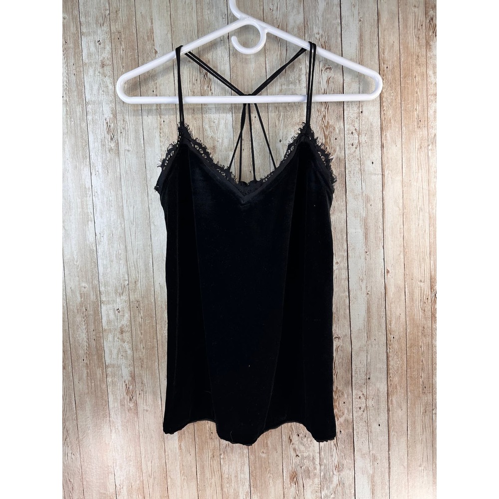 Abercrombie & Fitch Tank Top Womens XS Black Velvet Spaghetti Strap Fringed Trim
